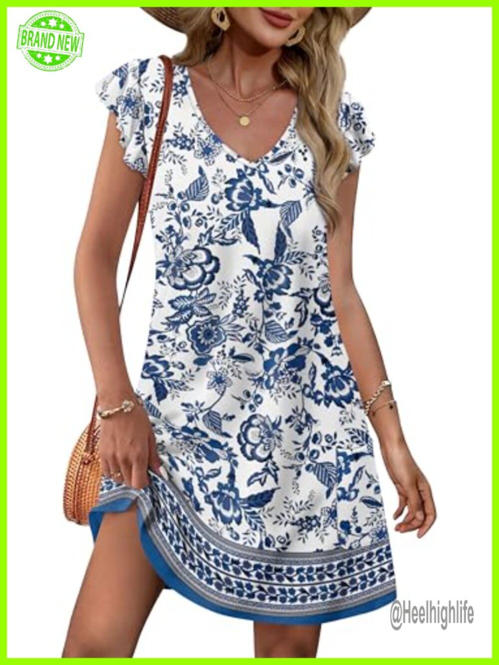 Ruffle Sleeve V Neck Loose Swing Sundress with Pockets